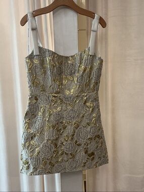 Dessy Collection Gold Floral Jacquard Mini Dress with White Straps